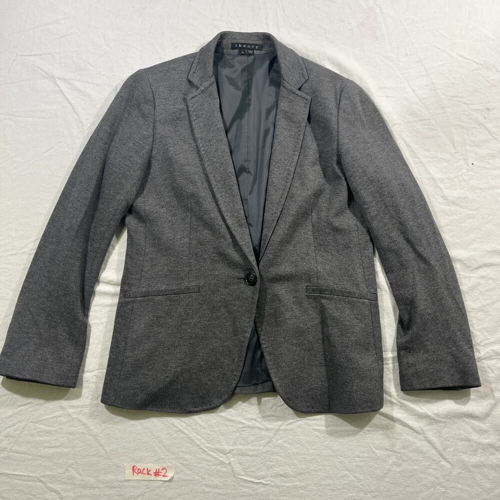 Theory Women 12 Grey Ponte Knit Blazer Single Button Work Office Stretch Jacket